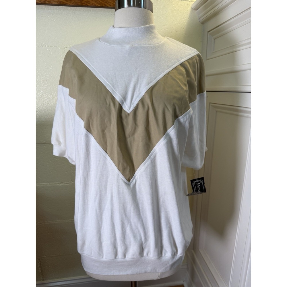 Vtg BonWorth Top Sz Medium White Tan Colorblock Mock Neck USA Made Retro 80s 90s